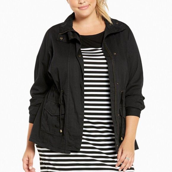 Torrid Size 0X Black Twill Utility Snap Zipper Closure Cinched Waist Jacket - Picture 1 of 10